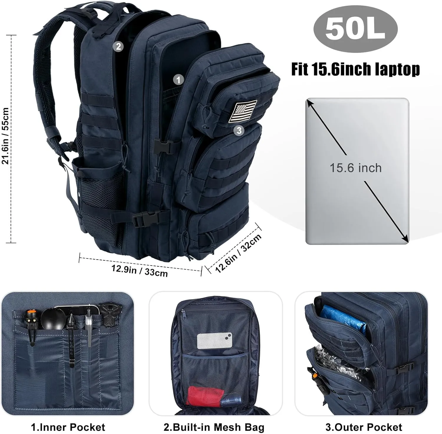Military Tactical Backpack 50L Large Day Backpack for Men Molle Army 3 Days Assault Pack Bug Out Bag Water Resistant and Heavy Duty Hiking Treeking Rucksack - Dark Blue