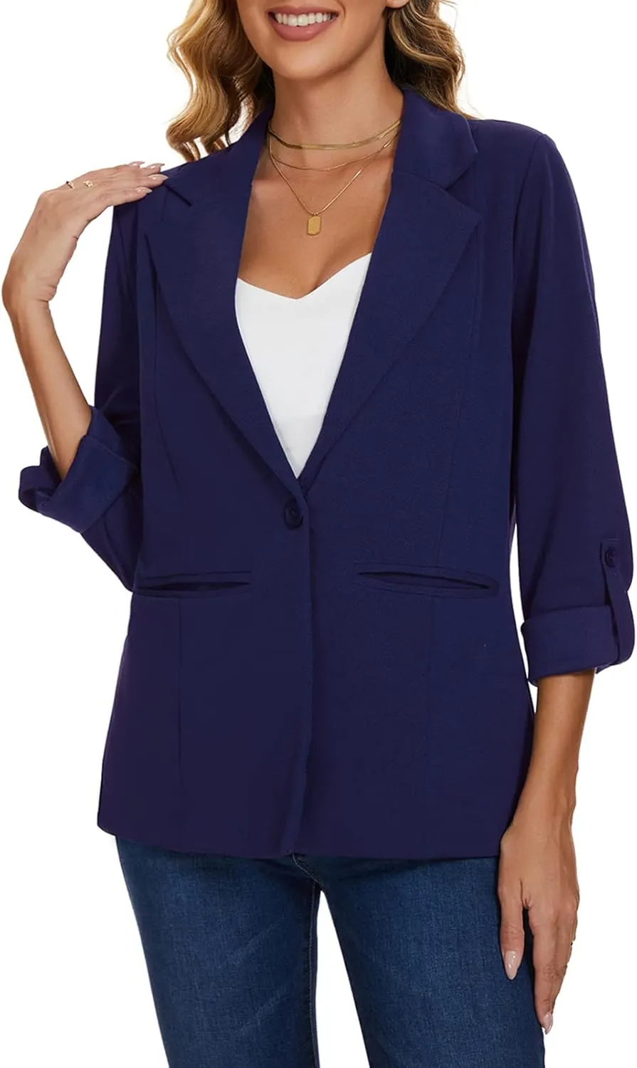 MINTLIMIT Womens Casual Blazers Button Front 3/4 Roll-up Sleeve Notched Lapel Business Work Blazer Jacket with Pockets