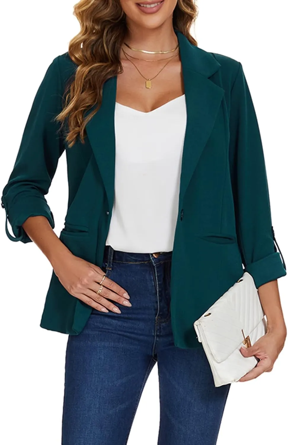MINTLIMIT Womens Casual Blazers Button Front 3/4 Roll-up Sleeve Notched Lapel Business Work Blazer Jacket with Pockets