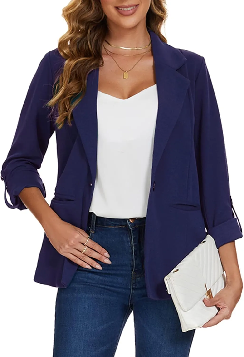 MINTLIMIT Womens Casual Blazers Button Front 3/4 Roll-up Sleeve Notched Lapel Business Work Blazer Jacket with Pockets