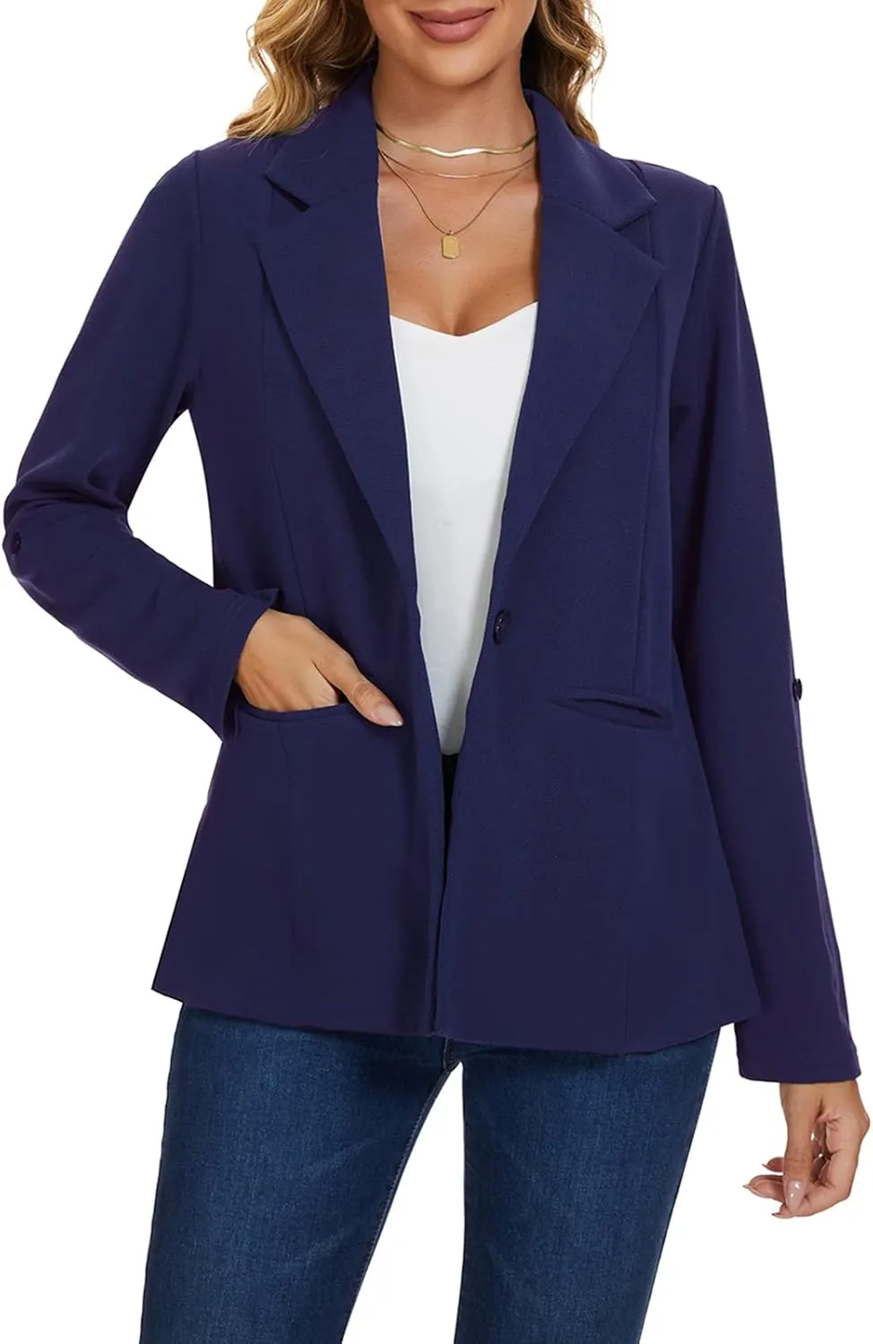 MINTLIMIT Womens Casual Blazers Button Front 3/4 Roll-up Sleeve Notched Lapel Business Work Blazer Jacket with Pockets