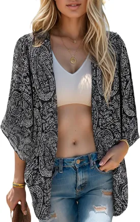 Moss Rose Women's Beach Kimono Coverup Sheer Chiffon Cover Ups, Casual Loose Open Front Cardigan Tops