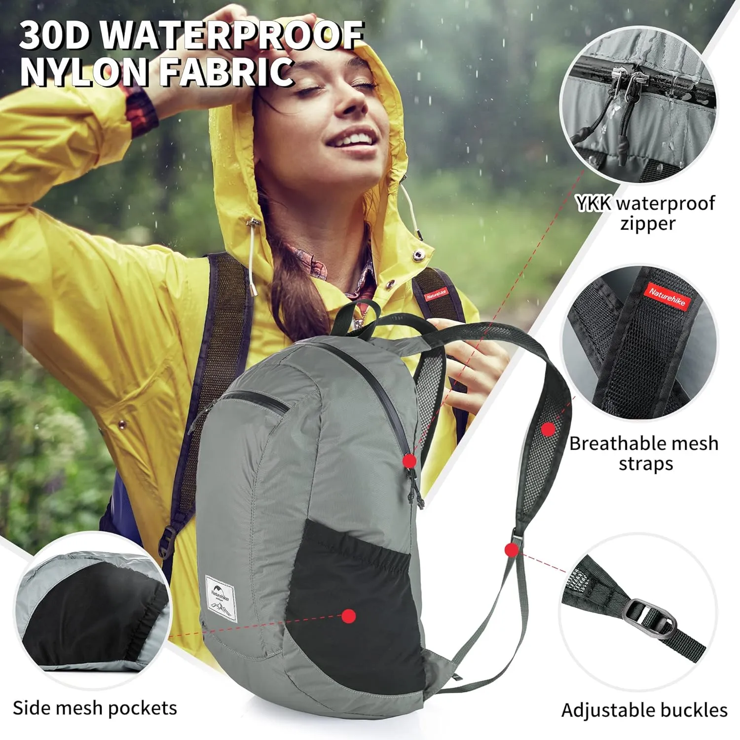 Naturehike 18L Lightweight Hiking Backpack, Waterproof Camping Packable Backpack Ultralight for Travel, Airplane, Small Hiking Daypack for Adults, Grey