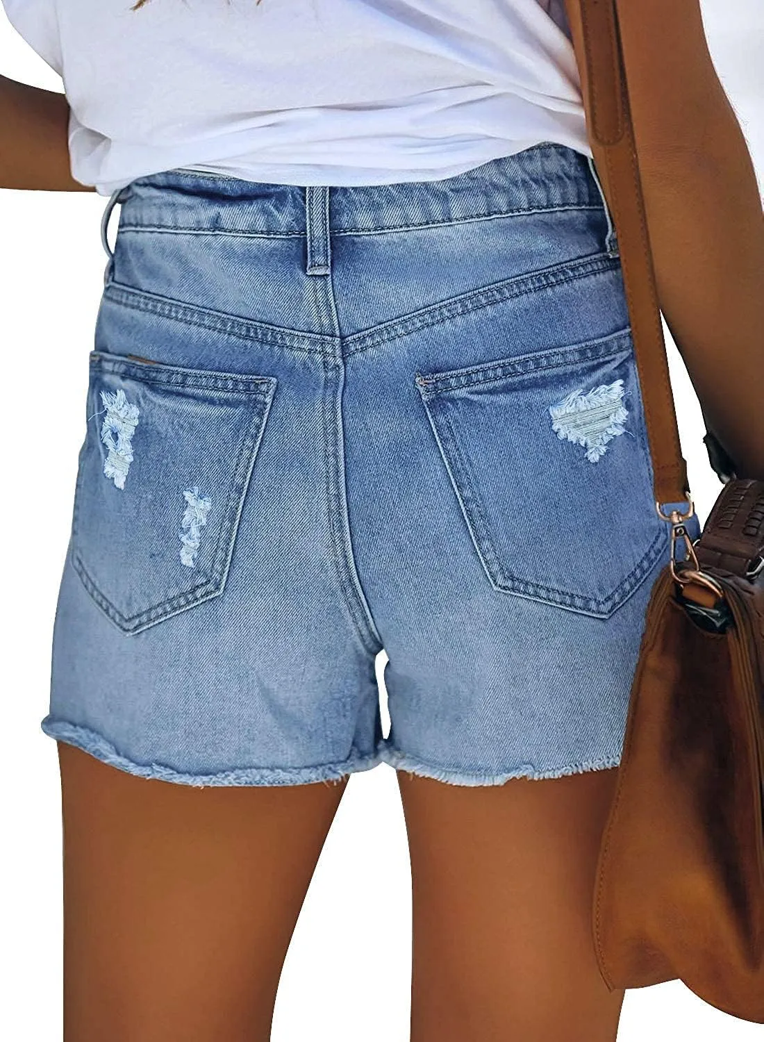 onlypuff Women's Ripped Mid Waisted Denim Shorts with Pockets