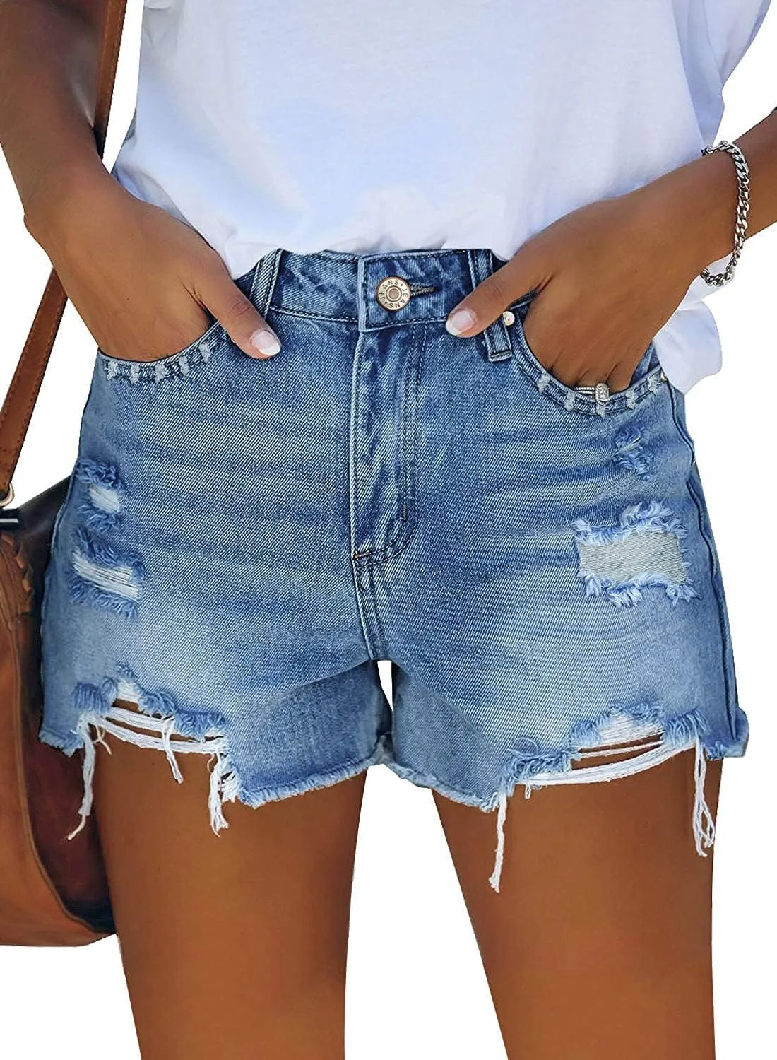 onlypuff Women's Ripped Mid Waisted Denim Shorts with Pockets