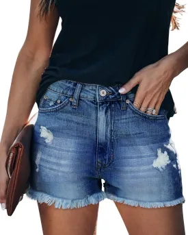 onlypuff Women's Ripped Mid Waisted Denim Shorts with Pockets