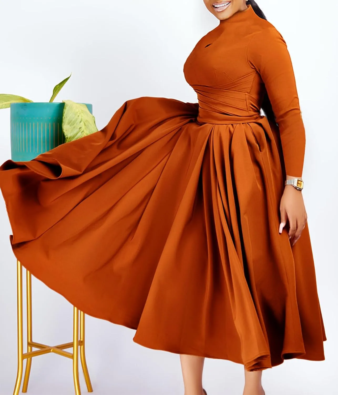 Pleated Maxi Dress for Women African High Waist Big Swing Fall Dresses Plus Size