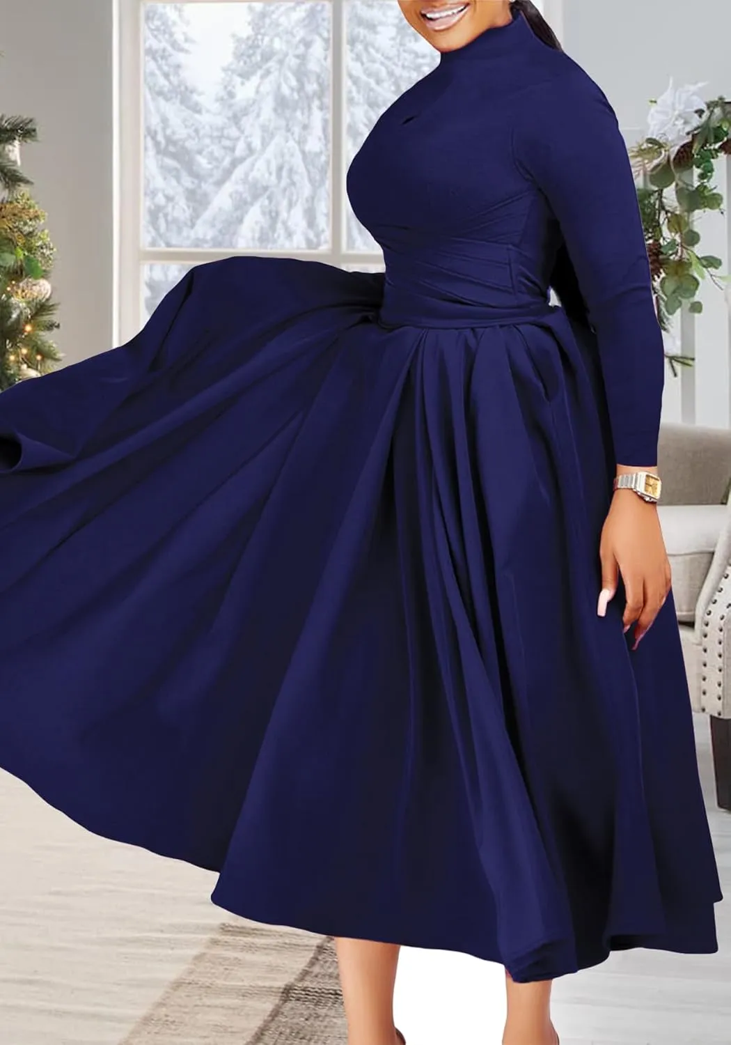 Pleated Maxi Dress for Women African High Waist Big Swing Fall Dresses Plus Size