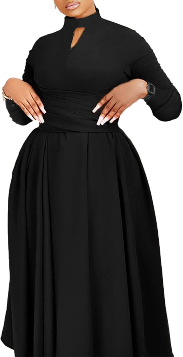 Pleated Maxi Dress for Women African High Waist Big Swing Fall Dresses Plus Size