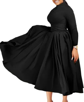Pleated Maxi Dress for Women African High Waist Big Swing Fall Dresses Plus Size