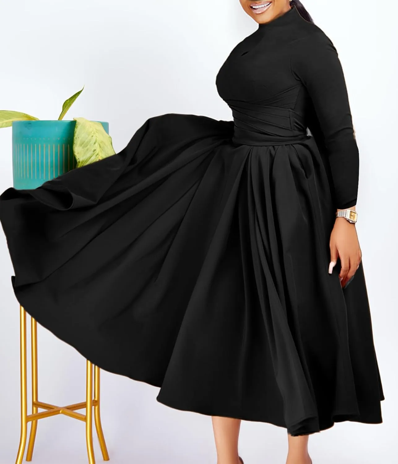 Pleated Maxi Dress for Women African High Waist Big Swing Fall Dresses Plus Size