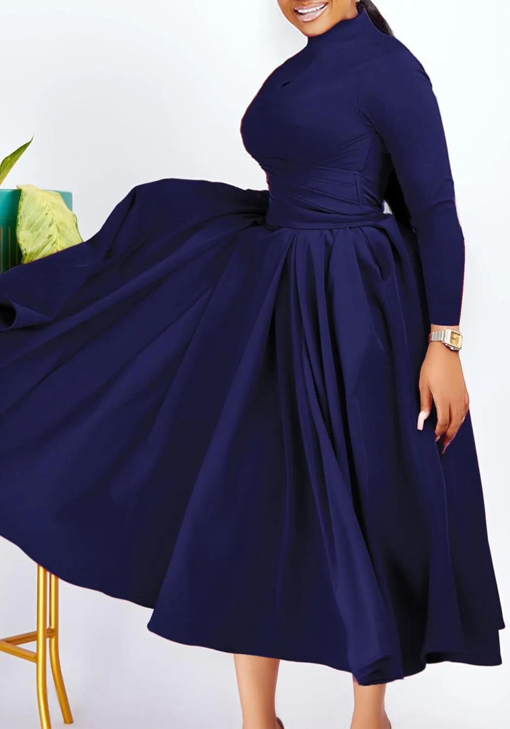 Pleated Maxi Dress for Women African High Waist Big Swing Fall Dresses Plus Size