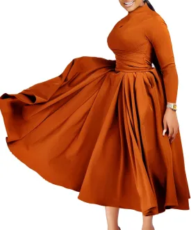Pleated Maxi Dress for Women African High Waist Big Swing Fall Dresses Plus Size