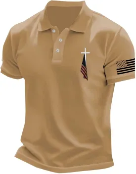 Polo T Shirts for Men Christian Jesus Faith Cross American USA Flag Golf T-Shirts Casual Short Sleeve Work Tops
