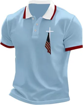 Polo T Shirts for Men Christian Jesus Faith Cross American USA Flag Golf T-Shirts Casual Short Sleeve Work Tops
