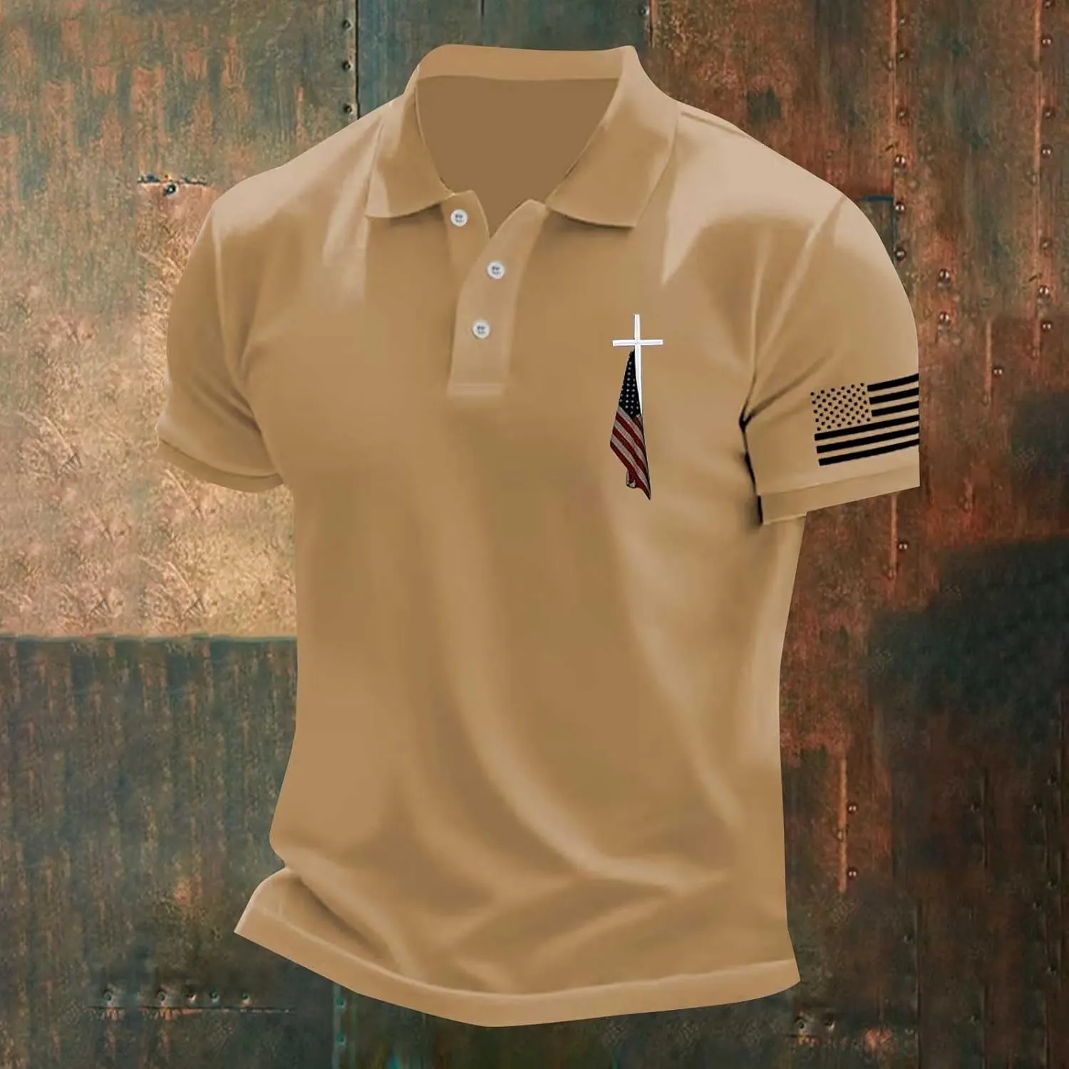 Polo T Shirts for Men Christian Jesus Faith Cross American USA Flag Golf T-Shirts Casual Short Sleeve Work Tops