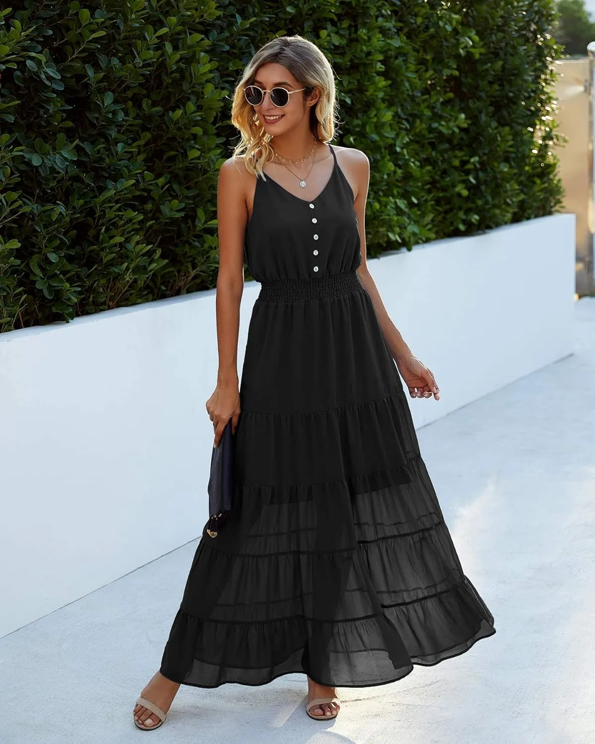 PRETTYGARDEN Sundress for Women 2025 Summer Spaghetti Strap Sleeveless High Waist Beach Long Maxi Dresses