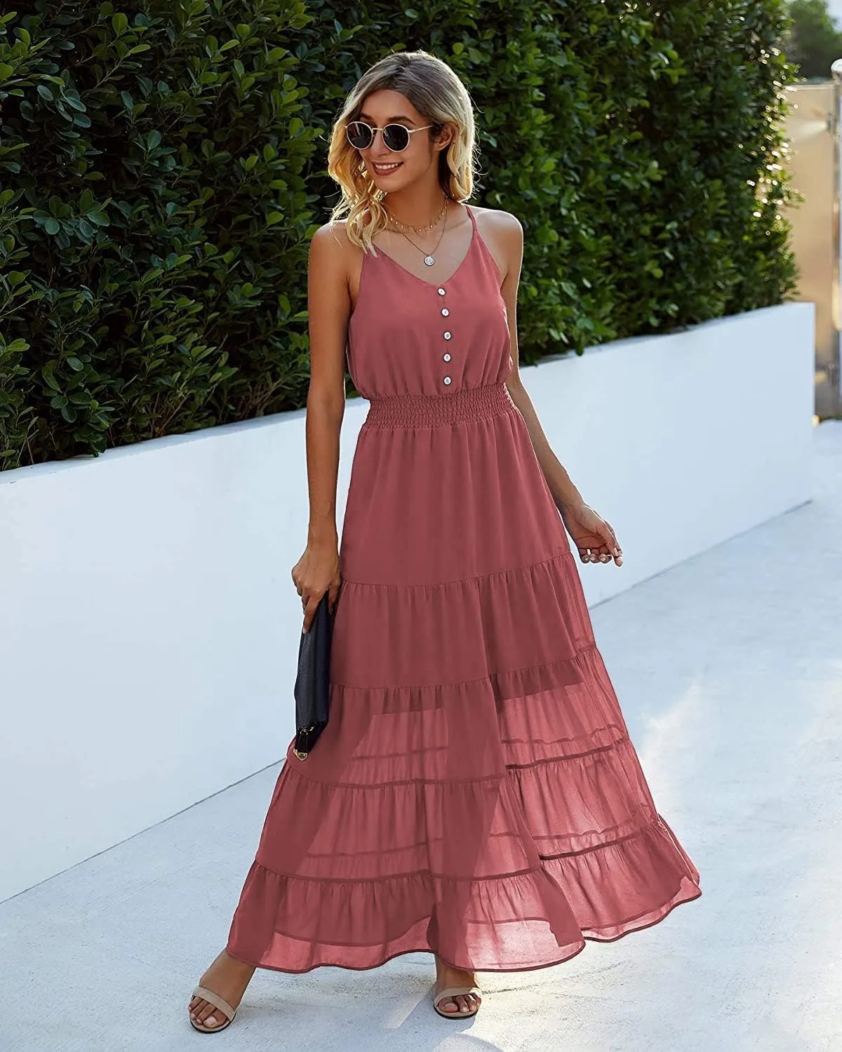 PRETTYGARDEN Sundress for Women 2025 Summer Spaghetti Strap Sleeveless High Waist Beach Long Maxi Dresses