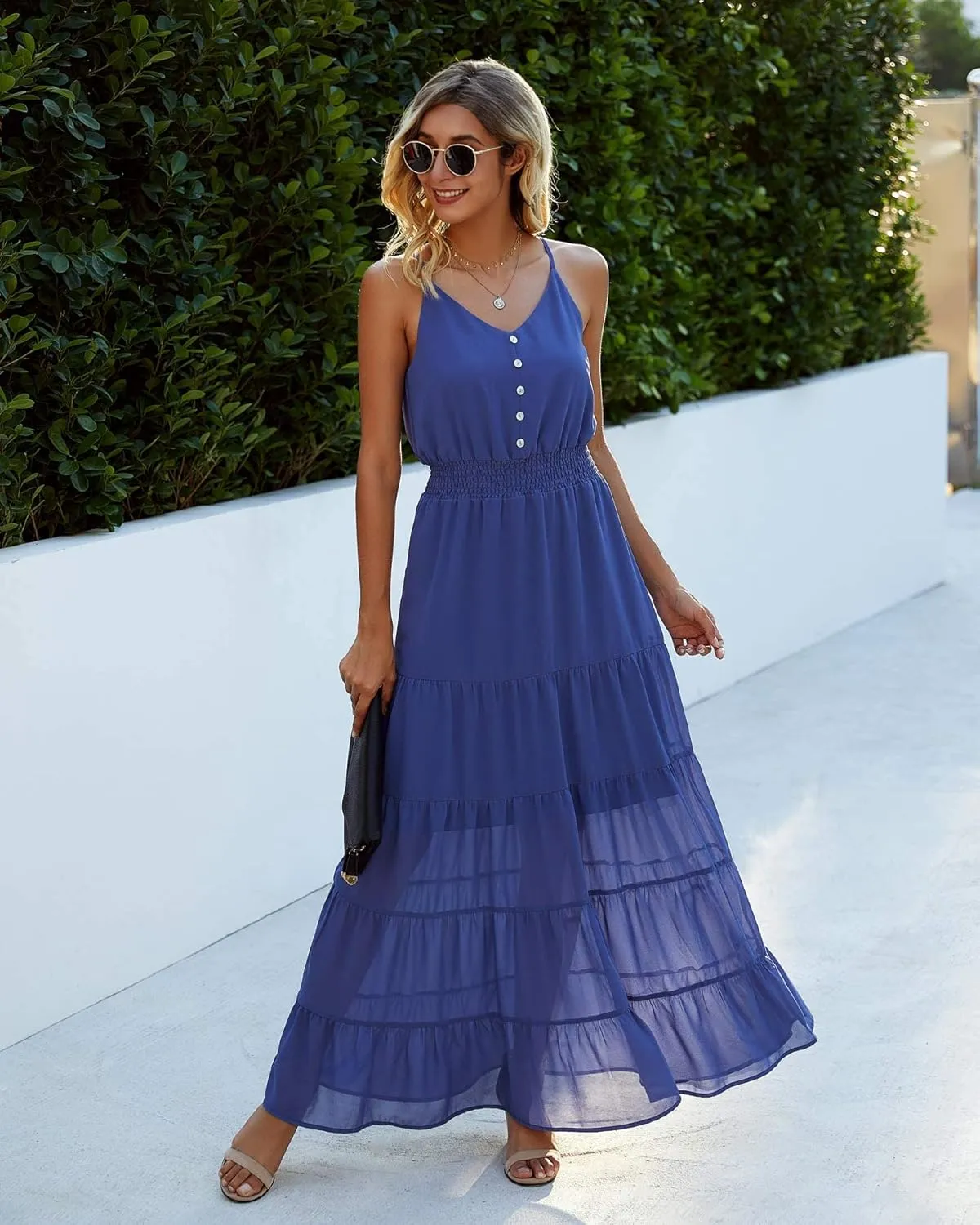 PRETTYGARDEN Sundress for Women 2025 Summer Spaghetti Strap Sleeveless High Waist Beach Long Maxi Dresses