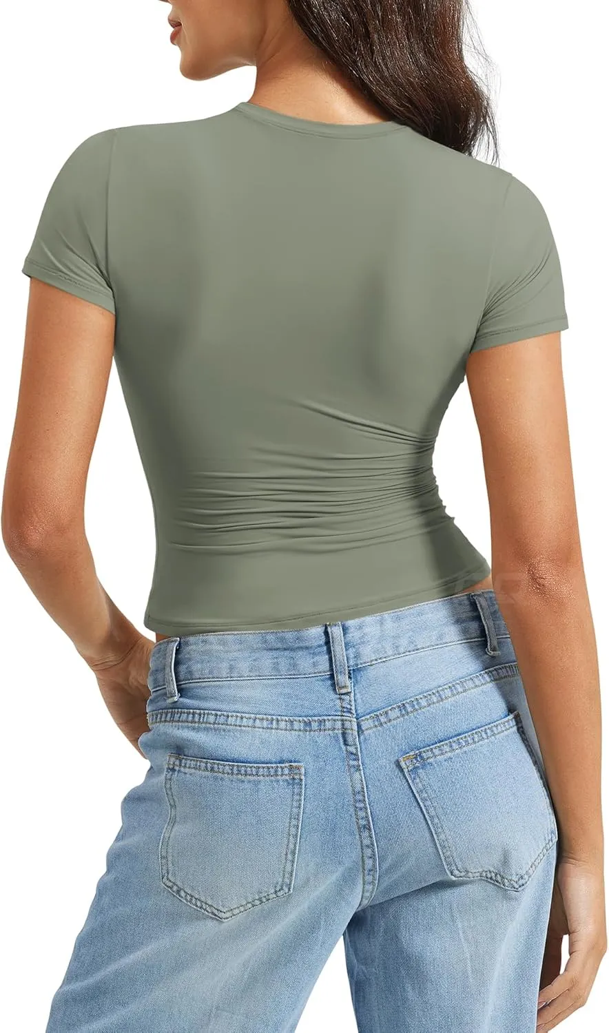QOQ Women Basic T-Shirts Crew Neck Short Sleeve Crop Tops Double Lined Fitted Ruched Stretch Tee
