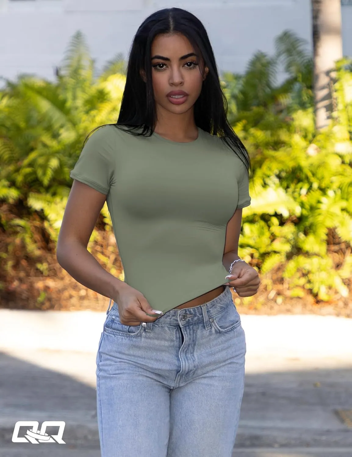 QOQ Women Basic T-Shirts Crew Neck Short Sleeve Crop Tops Double Lined Fitted Ruched Stretch Tee