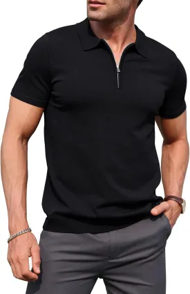 RQP Mens Zipper Polo Shirts Knit Casual Shirts Short/Long Sleeve,Stretch Slim Fit Golf Shirts,Soft Pullover