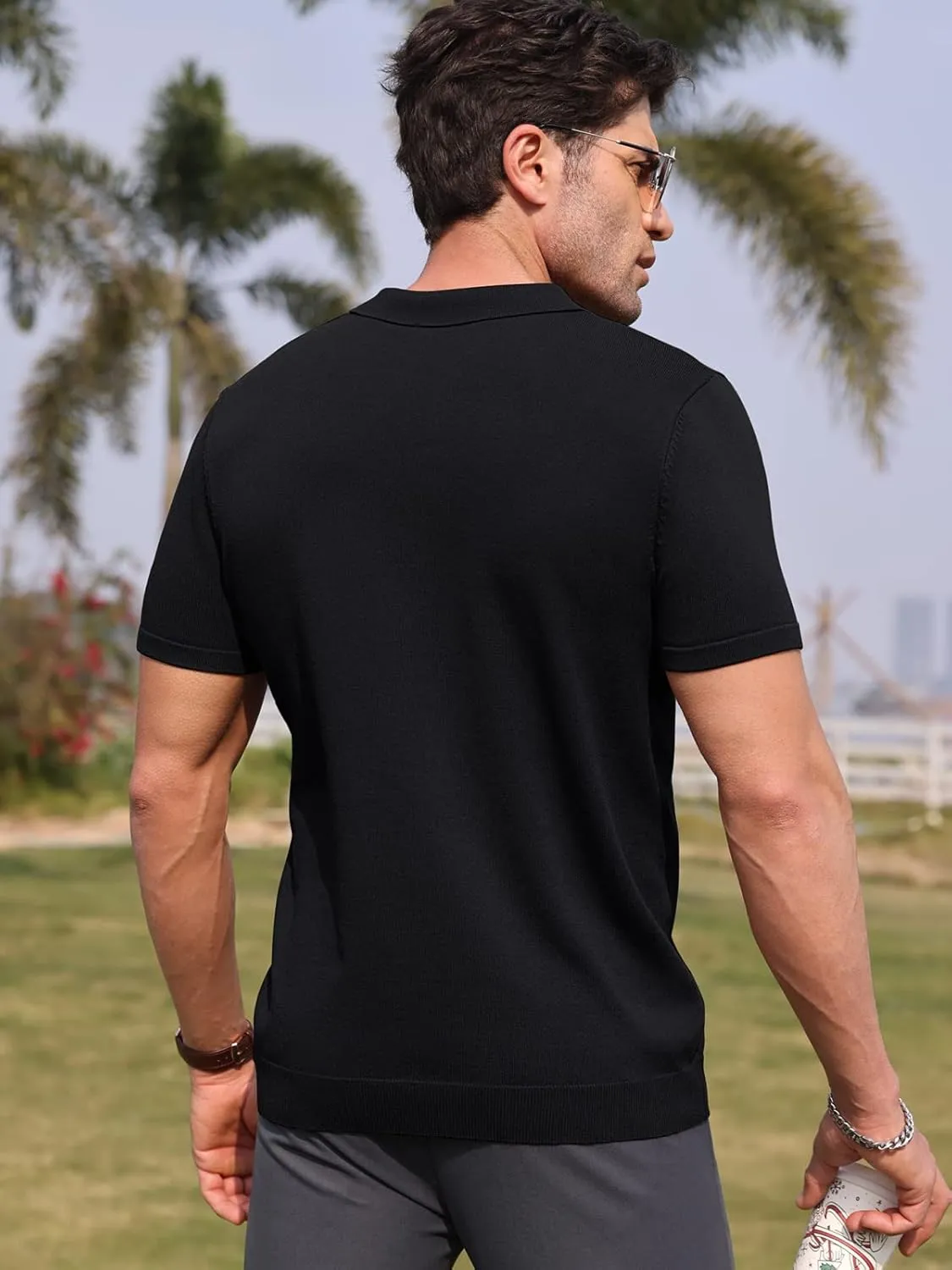 RQP Mens Zipper Polo Shirts Knit Casual Shirts Short/Long Sleeve,Stretch Slim Fit Golf Shirts,Soft Pullover