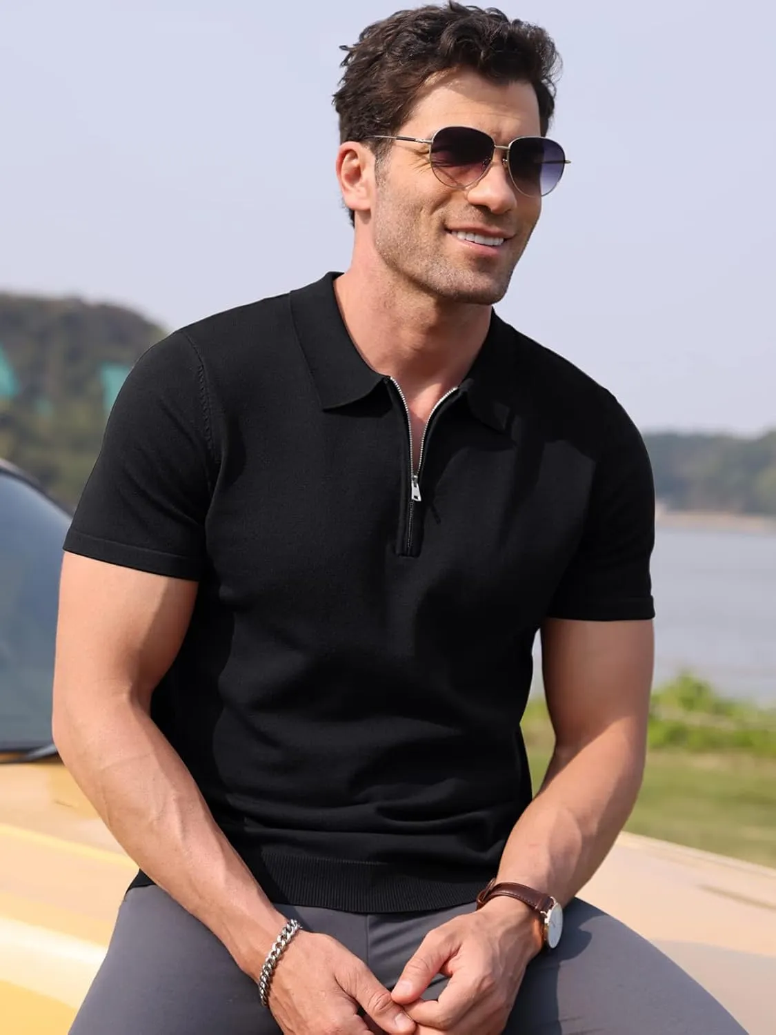 RQP Mens Zipper Polo Shirts Knit Casual Shirts Short/Long Sleeve,Stretch Slim Fit Golf Shirts,Soft Pullover