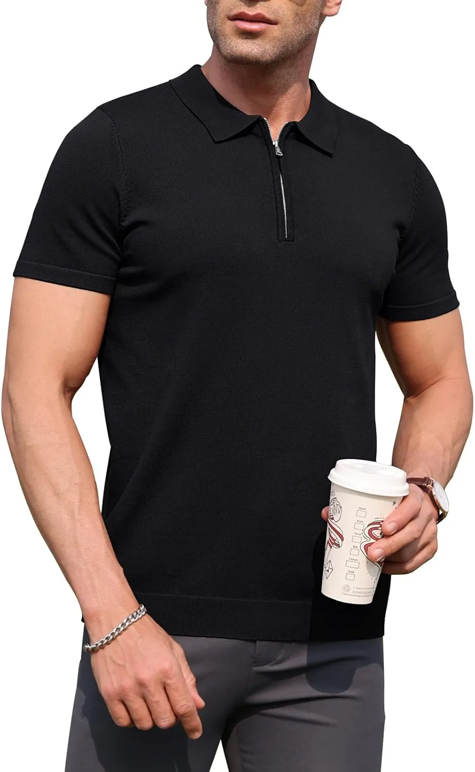RQP Mens Zipper Polo Shirts Knit Casual Shirts Short/Long Sleeve,Stretch Slim Fit Golf Shirts,Soft Pullover