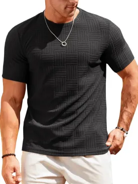 Runcati Men's Casual T-Shirts Short Sleeve Crew Neck Summer Stretchy Shirt Textured Jacquard Tops