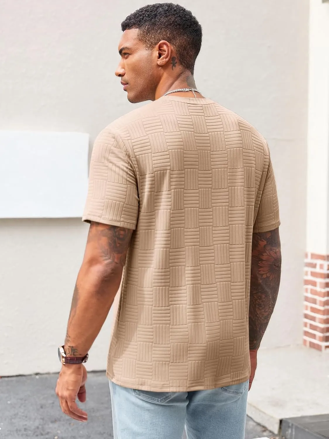 Runcati Men's Casual T-Shirts Short Sleeve Crew Neck Summer Stretchy Shirt Textured Jacquard Tops