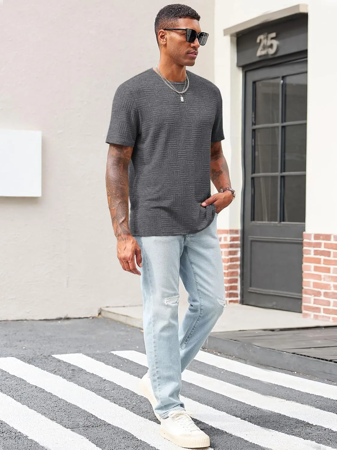 Runcati Men's Casual T-Shirts Short Sleeve Crew Neck Summer Stretchy Shirt Textured Jacquard Tops