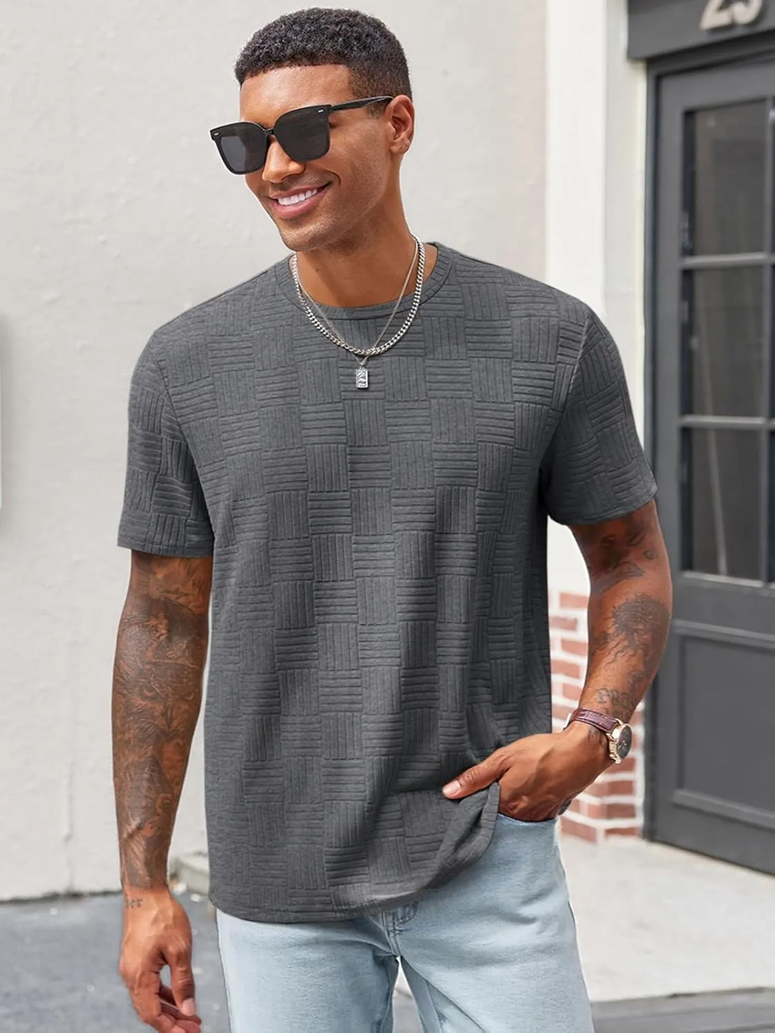 Runcati Men's Casual T-Shirts Short Sleeve Crew Neck Summer Stretchy Shirt Textured Jacquard Tops