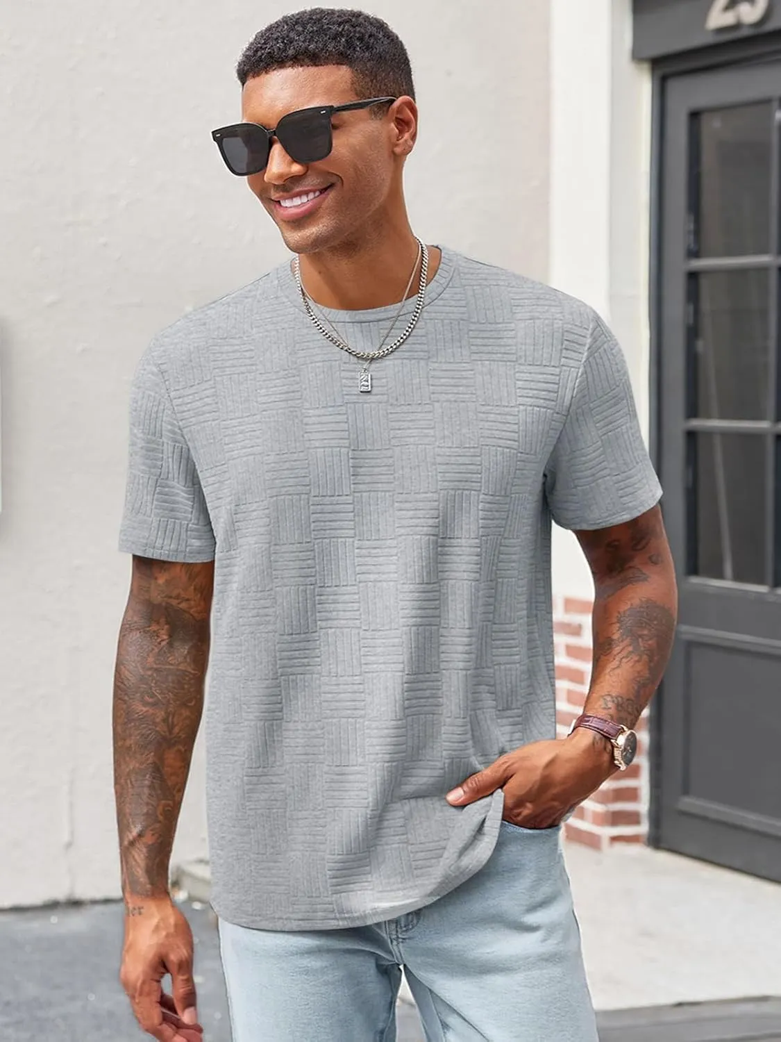 Runcati Men's Casual T-Shirts Short Sleeve Crew Neck Summer Stretchy Shirt Textured Jacquard Tops