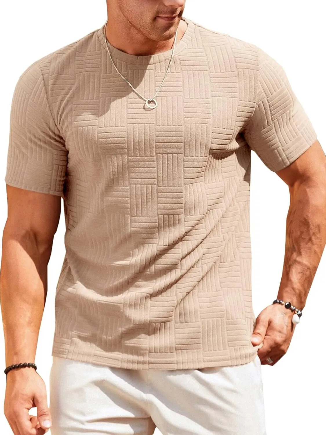 Runcati Men's Casual T-Shirts Short Sleeve Crew Neck Summer Stretchy Shirt Textured Jacquard Tops