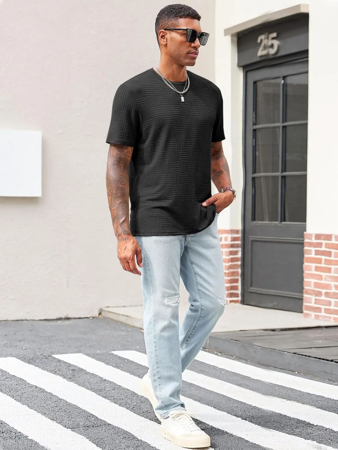 Runcati Men's Casual T-Shirts Short Sleeve Crew Neck Summer Stretchy Shirt Textured Jacquard Tops