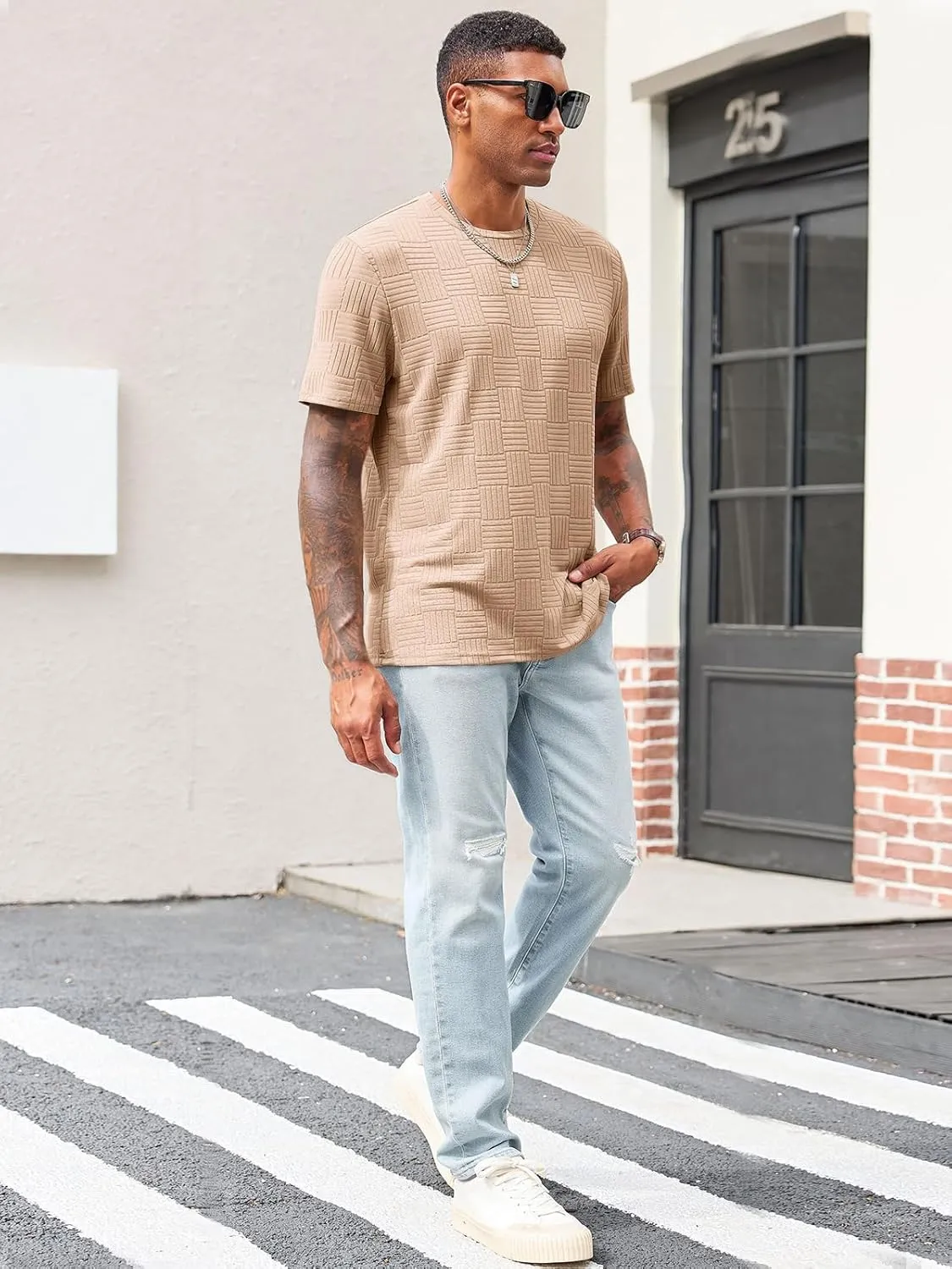 Runcati Men's Casual T-Shirts Short Sleeve Crew Neck Summer Stretchy Shirt Textured Jacquard Tops