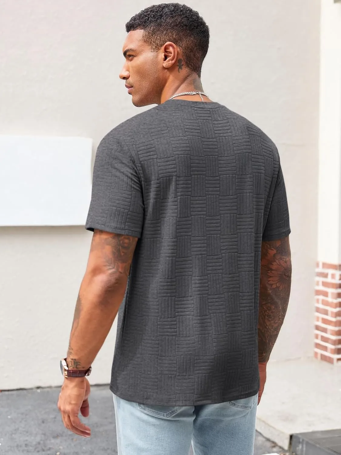 Runcati Men's Casual T-Shirts Short Sleeve Crew Neck Summer Stretchy Shirt Textured Jacquard Tops