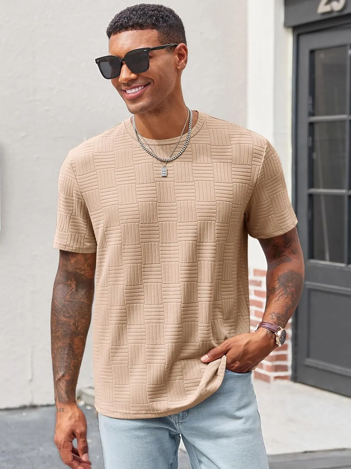 Runcati Men's Casual T-Shirts Short Sleeve Crew Neck Summer Stretchy Shirt Textured Jacquard Tops