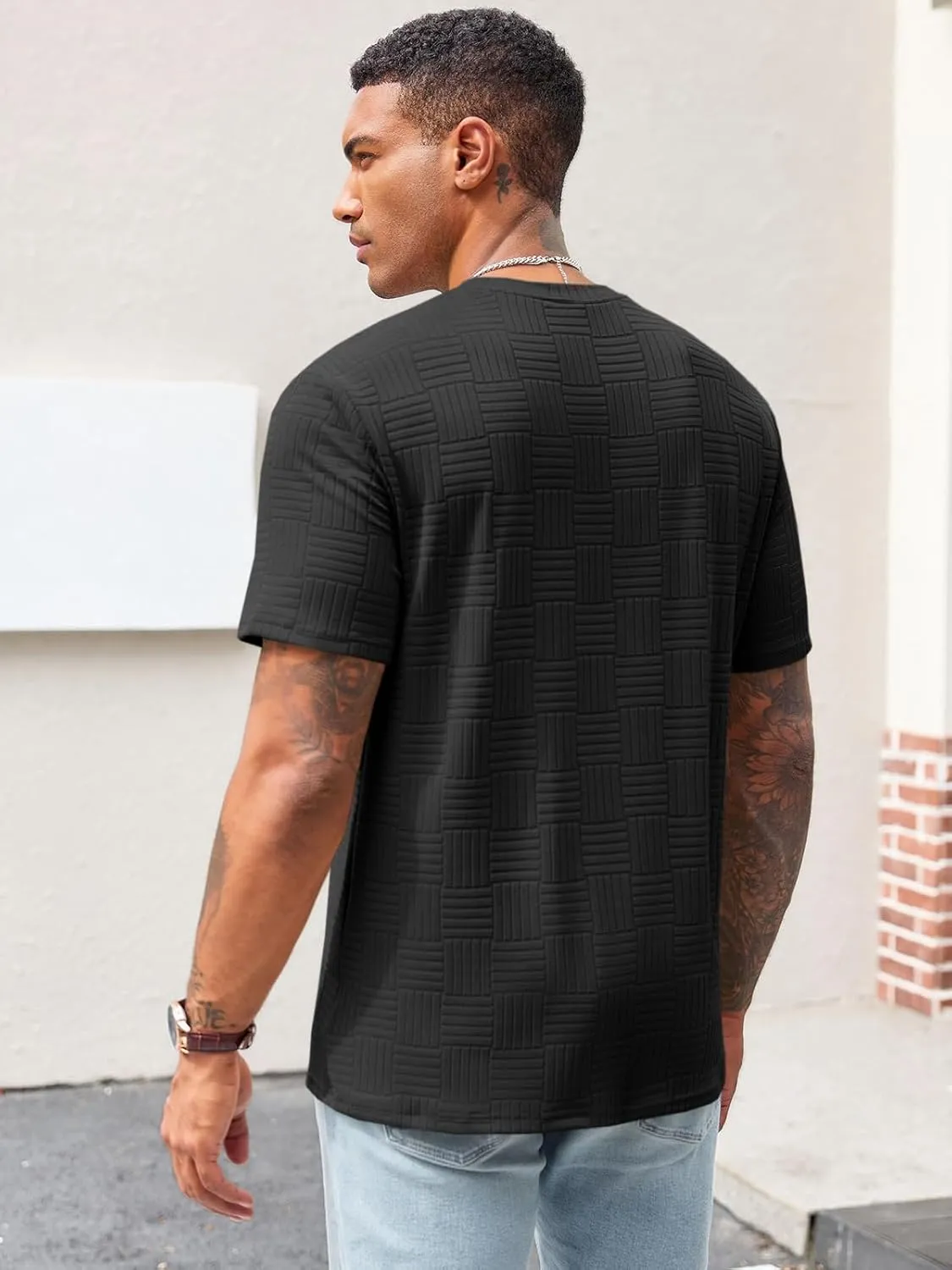 Runcati Men's Casual T-Shirts Short Sleeve Crew Neck Summer Stretchy Shirt Textured Jacquard Tops