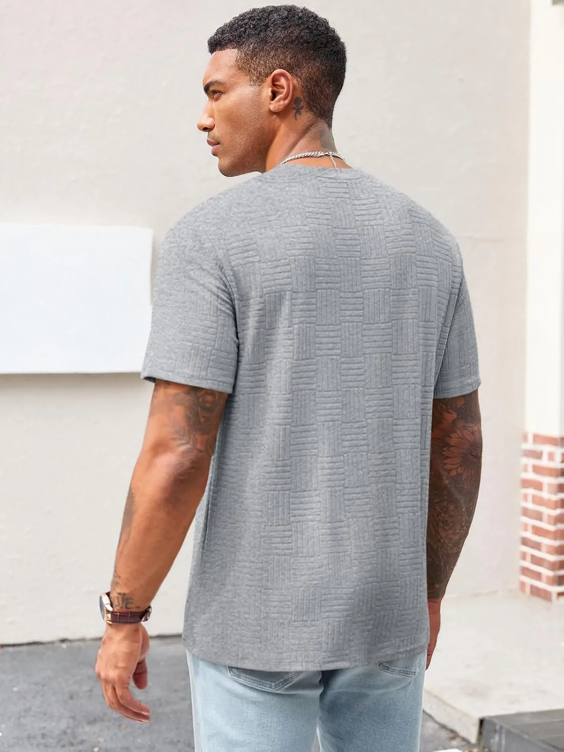 Runcati Men's Casual T-Shirts Short Sleeve Crew Neck Summer Stretchy Shirt Textured Jacquard Tops