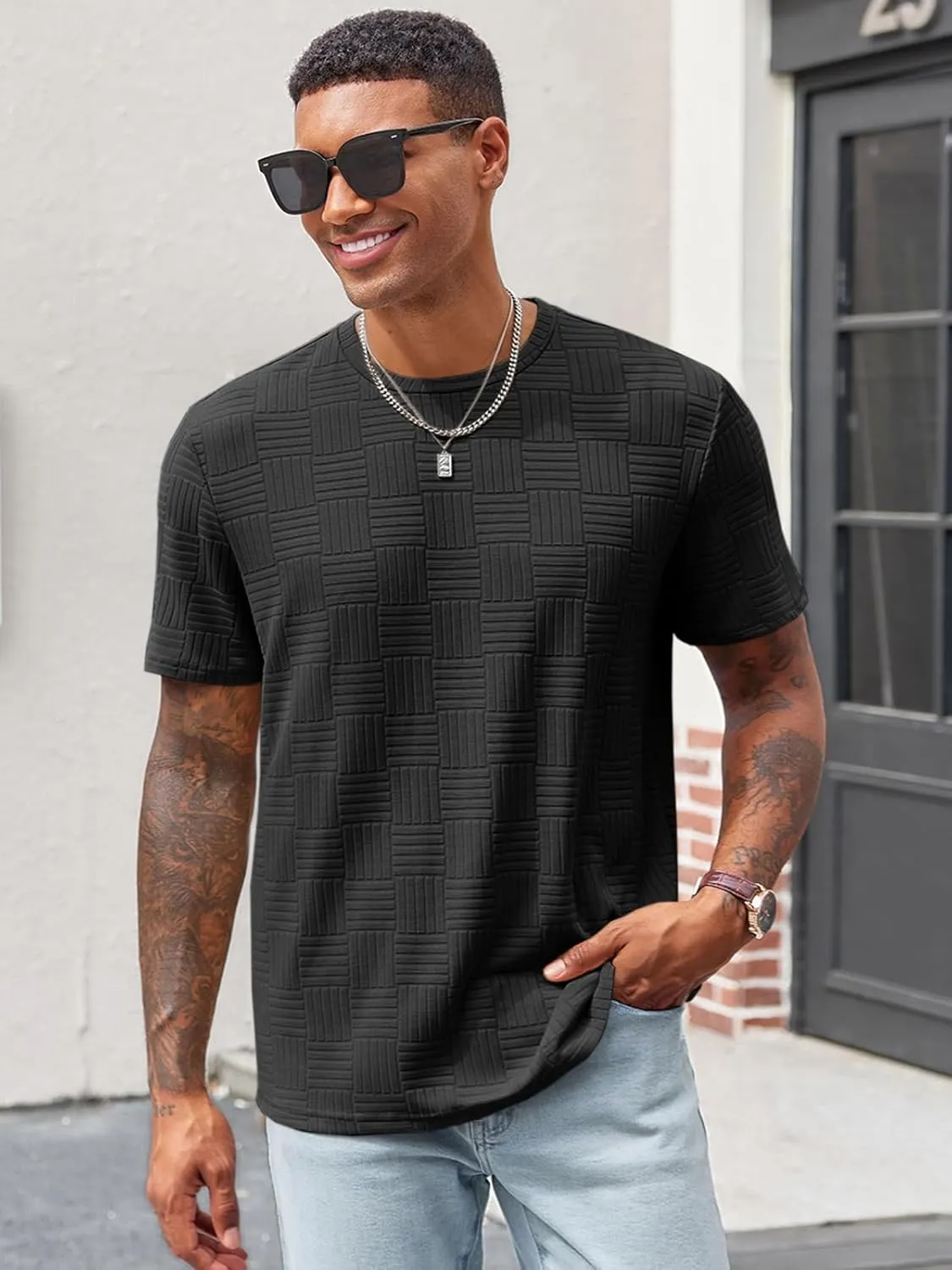 Runcati Men's Casual T-Shirts Short Sleeve Crew Neck Summer Stretchy Shirt Textured Jacquard Tops