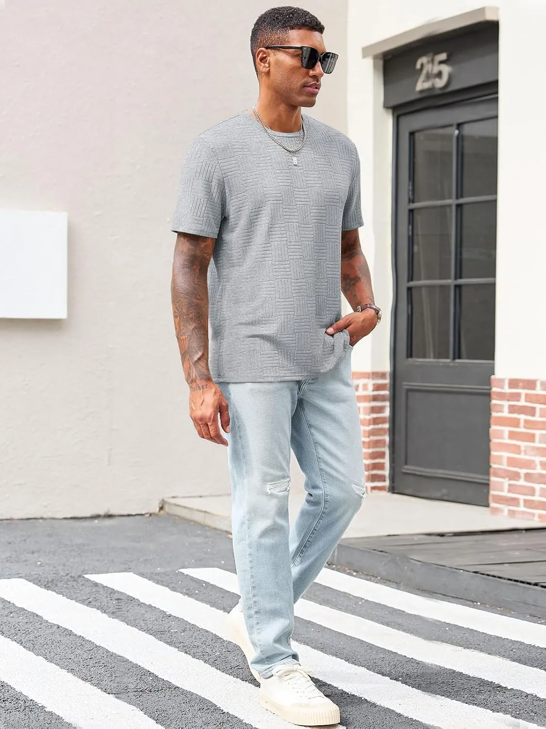 Runcati Men's Casual T-Shirts Short Sleeve Crew Neck Summer Stretchy Shirt Textured Jacquard Tops