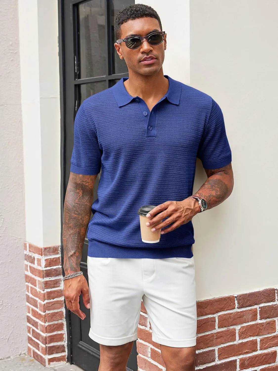 Runcati Mens Knit Polo Shirts Short Sleeve Casual Hollow Out Shirt Texture Classic Golf Polo