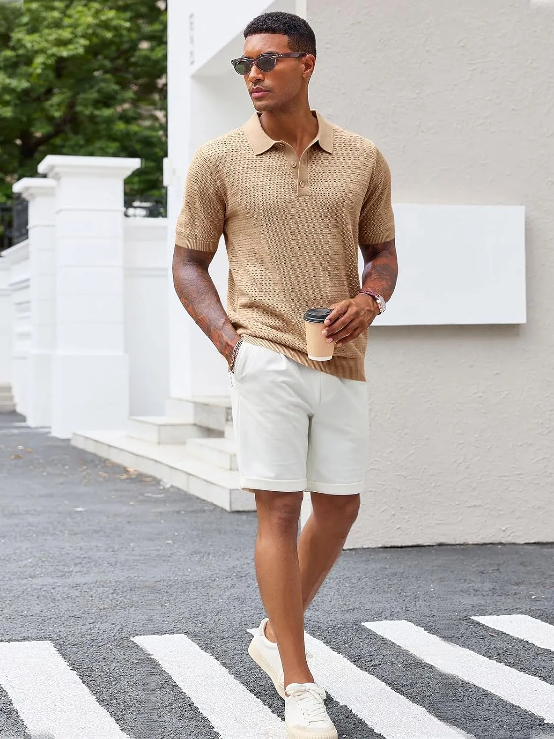 Runcati Mens Knit Polo Shirts Short Sleeve Casual Hollow Out Shirt Texture Classic Golf Polo