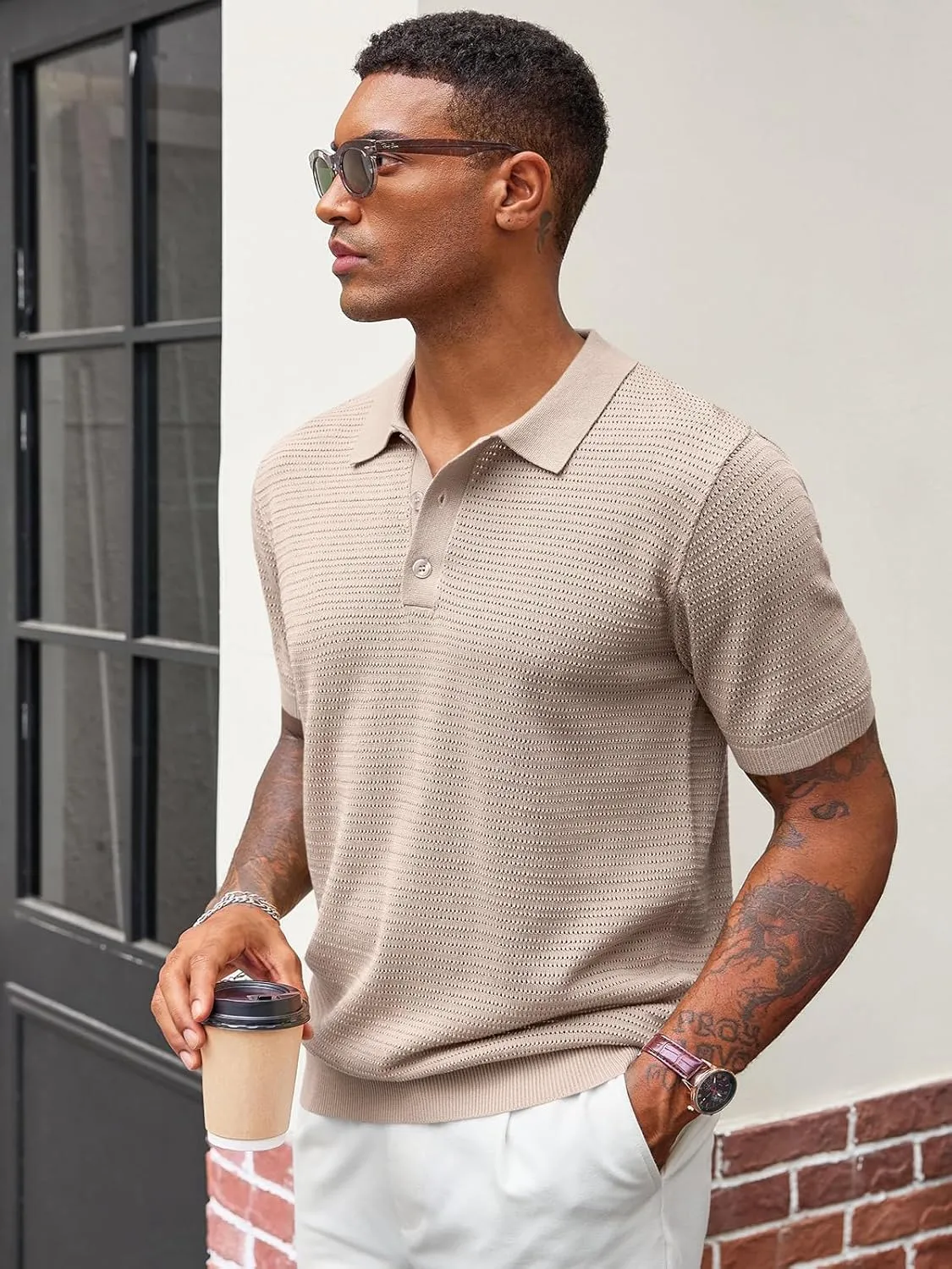 Runcati Mens Knit Polo Shirts Short Sleeve Casual Hollow Out Shirt Texture Classic Golf Polo