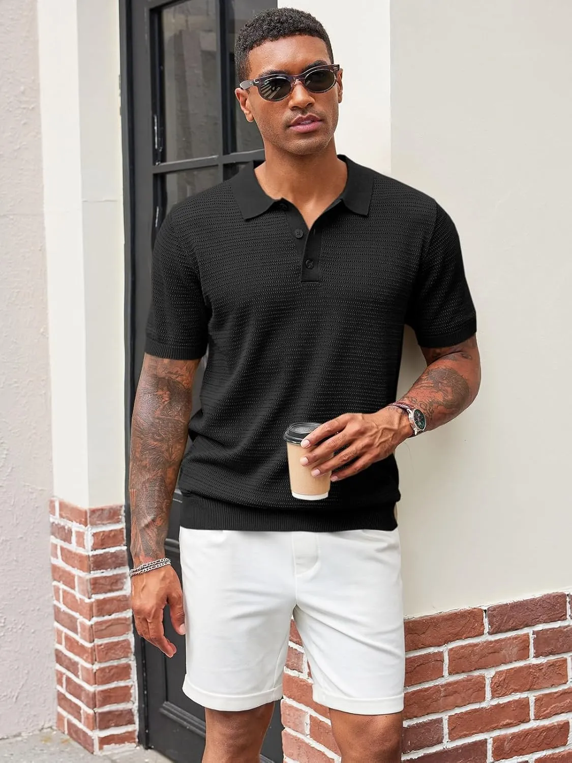 Runcati Mens Knit Polo Shirts Short Sleeve Casual Hollow Out Shirt Texture Classic Golf Polo