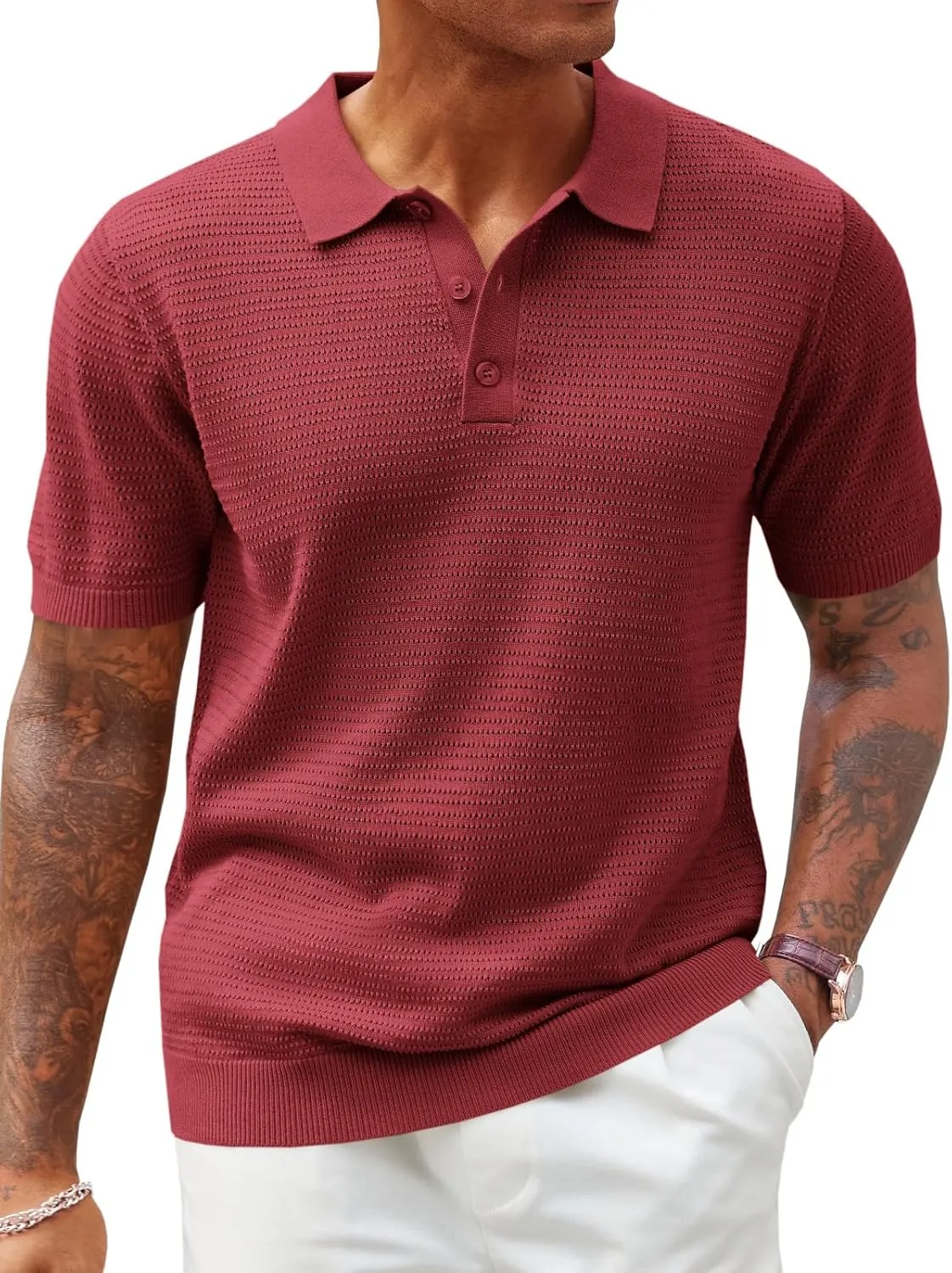 Runcati Mens Knit Polo Shirts Short Sleeve Casual Hollow Out Shirt Texture Classic Golf Polo