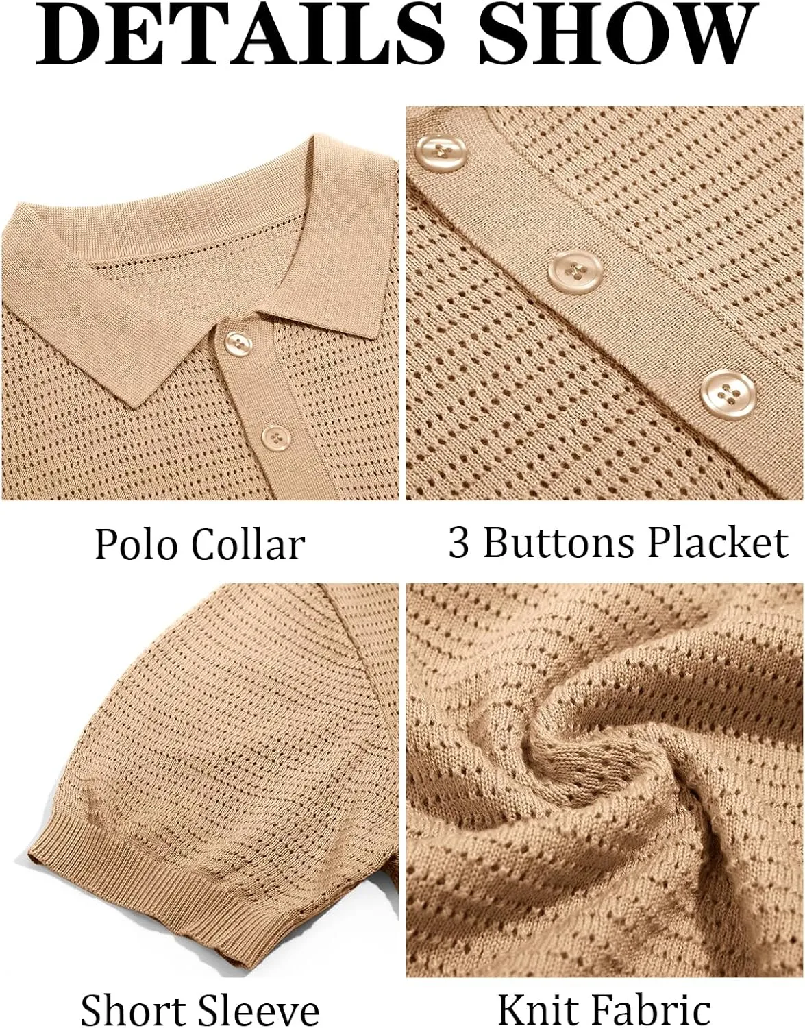 Runcati Mens Knit Polo Shirts Short Sleeve Casual Hollow Out Shirt Texture Classic Golf Polo