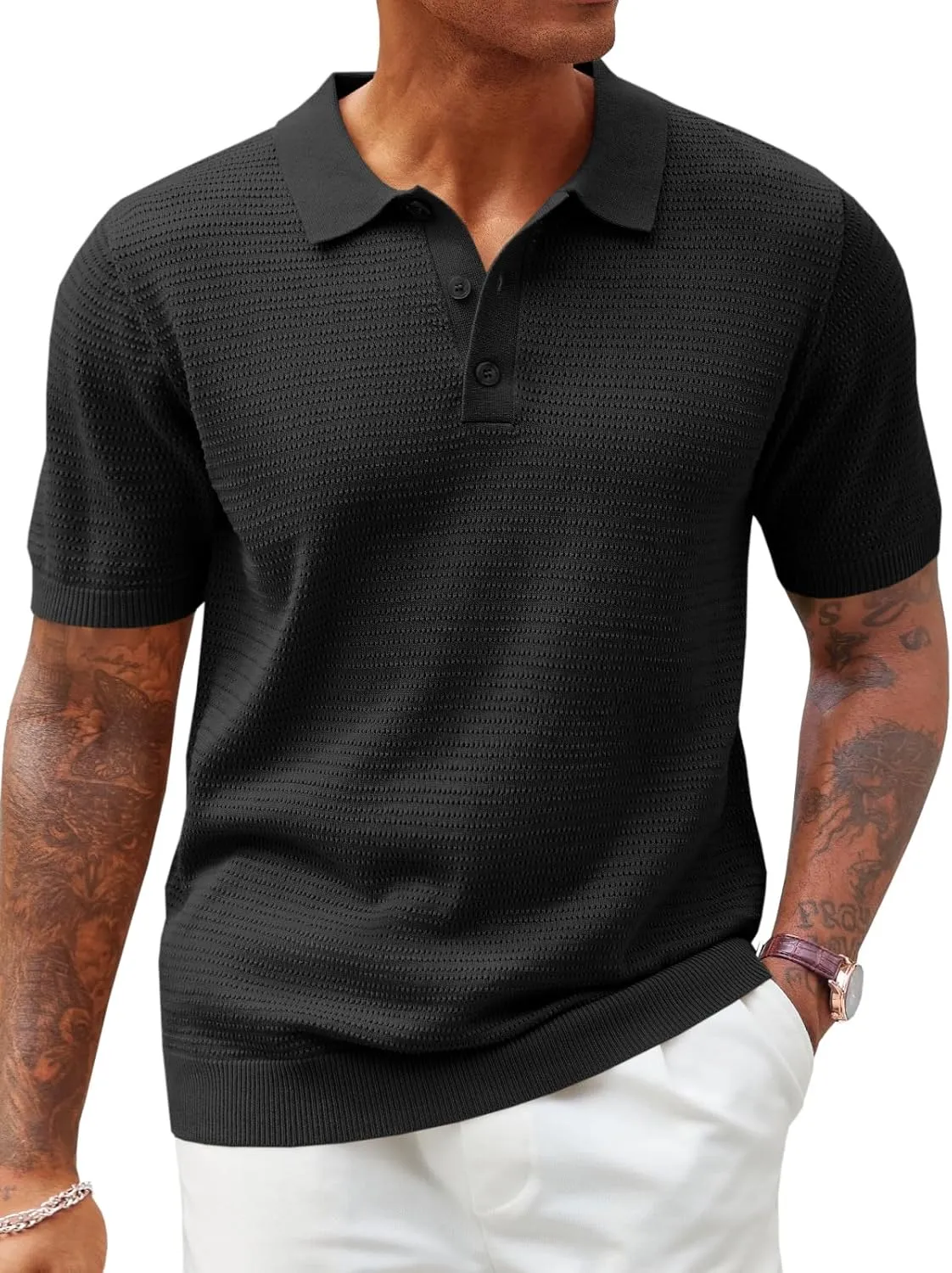 Runcati Mens Knit Polo Shirts Short Sleeve Casual Hollow Out Shirt Texture Classic Golf Polo
